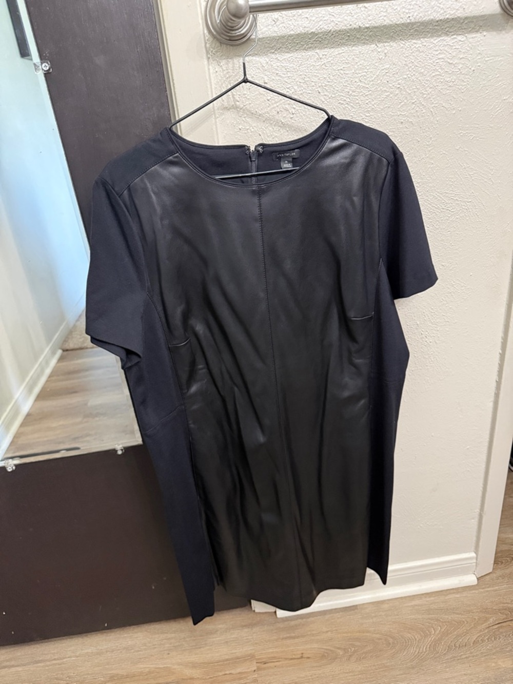 Ann Taylor Black Faux Leather Shift Dress with Knit Trim